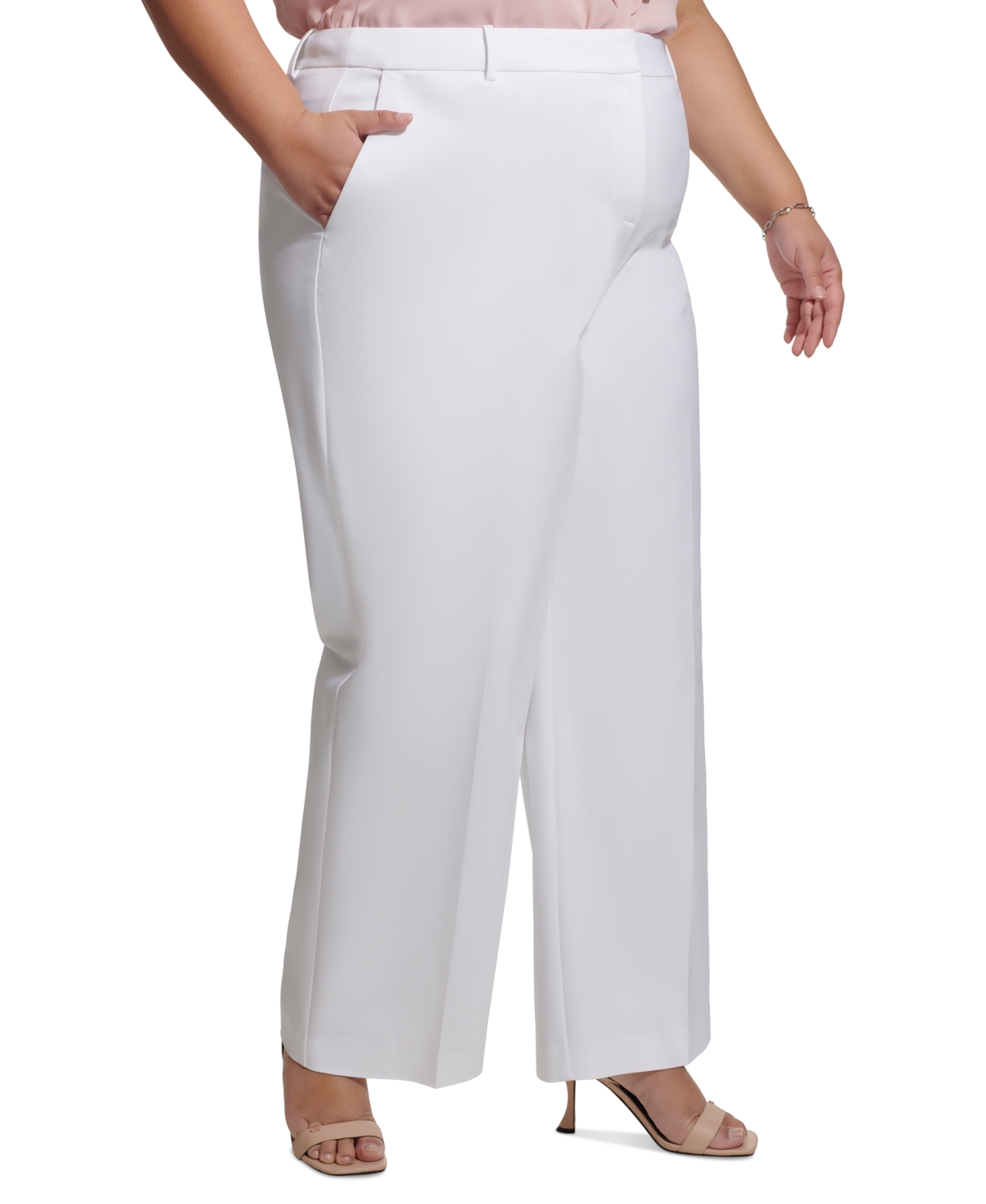 Shop Calvin Klein Plus Size Mid-rise Belted Wide-leg Pants In White