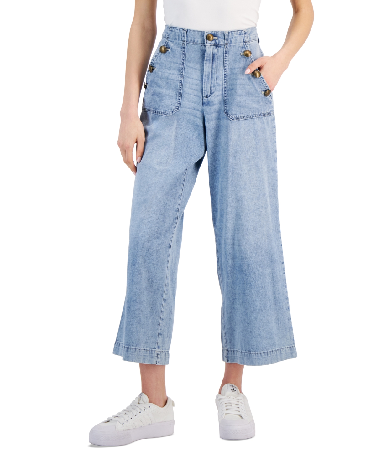 Women's Cotton High-Rise Wide-Leg Denim Sailor Pants - Ws - World Blue Wash