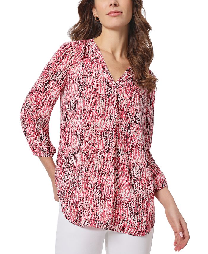 Jones New York Petite Printed 3 4 Sleeve Pleated Tunic Top Macy s