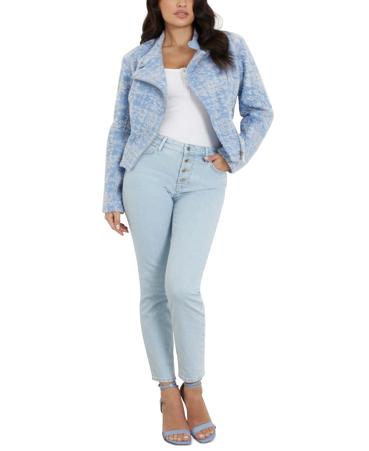 Shop Guess Women's Carolina Asymmetric-zip Biker Jacket In Arctic Sky Multi