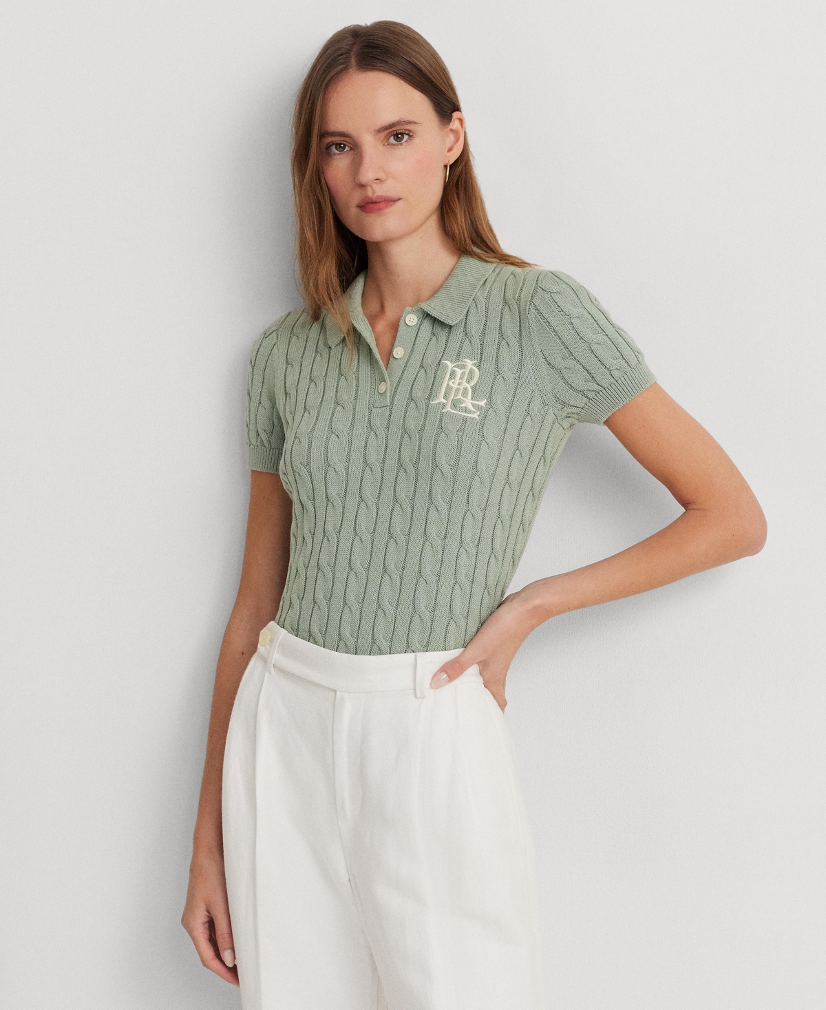 Shop Lauren Ralph Lauren Women's Cable-knit Polo Shirt In Soft Laurel