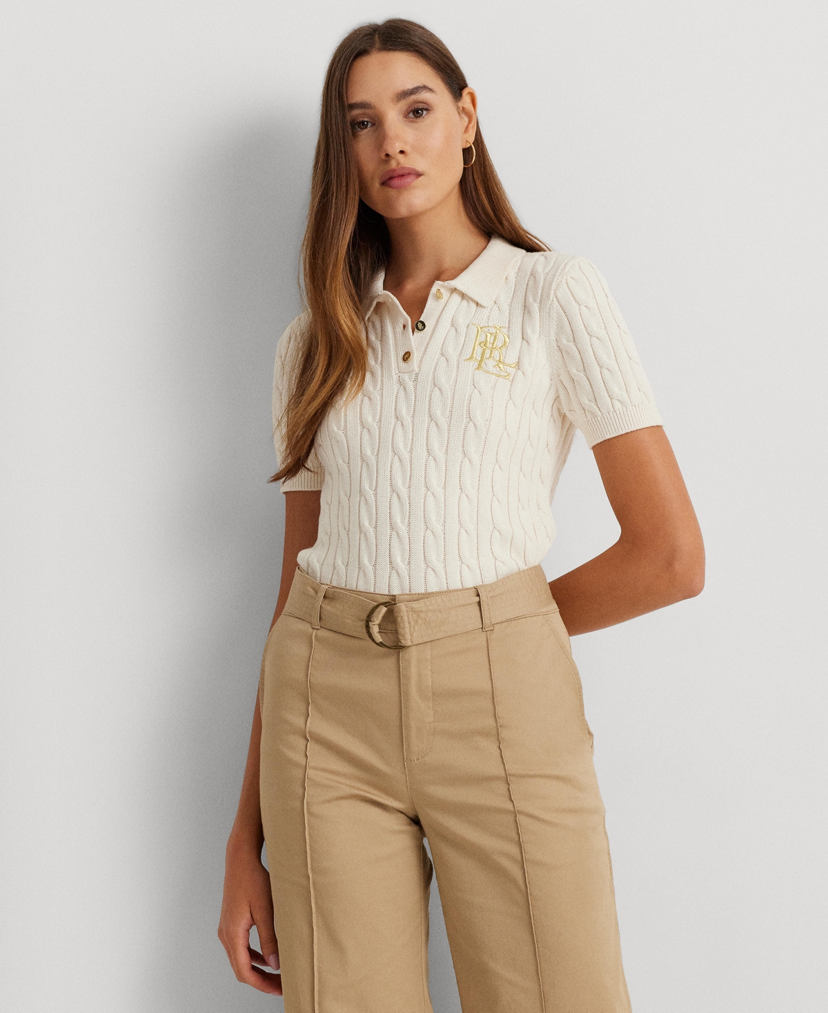 Shop Lauren Ralph Lauren Women's Cable-knit Polo Shirt In Mascarpone Cream