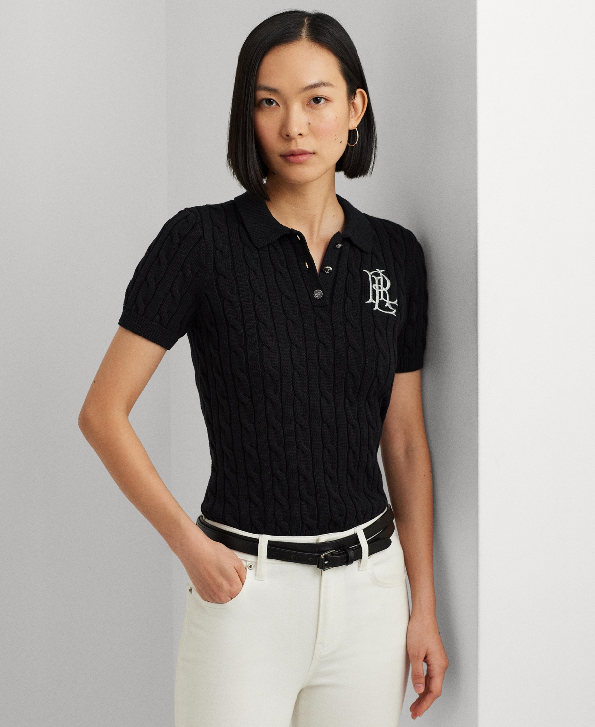 Petite Cable-Knit Polo Sweater - Rose Mauve