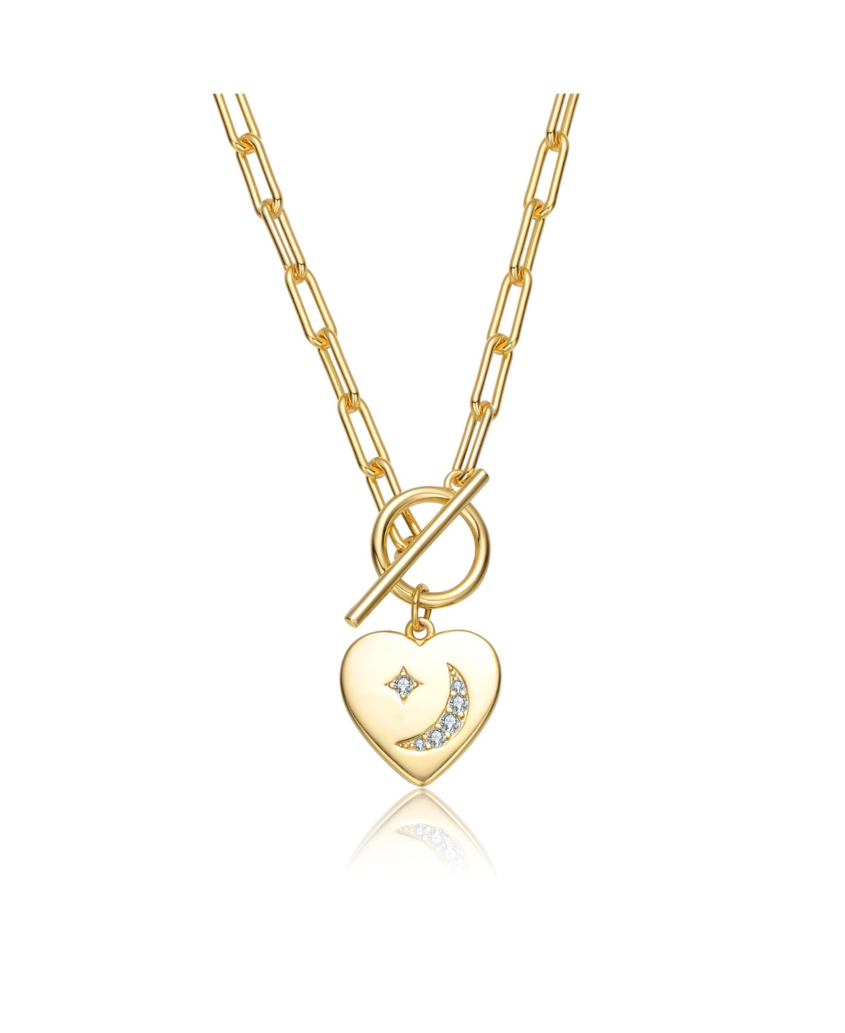 Teens/Young Adults 14K Gold Plated Cubic Zirconia Moon and Star Heart Charm Necklace - Gold
