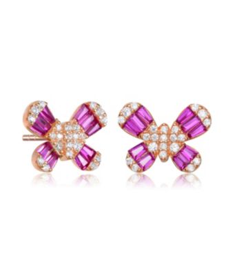 Teens/Young Adults Sterling Silver with Baguette and Clear Round Cubic Zirconia Butterfly Stud Earrings