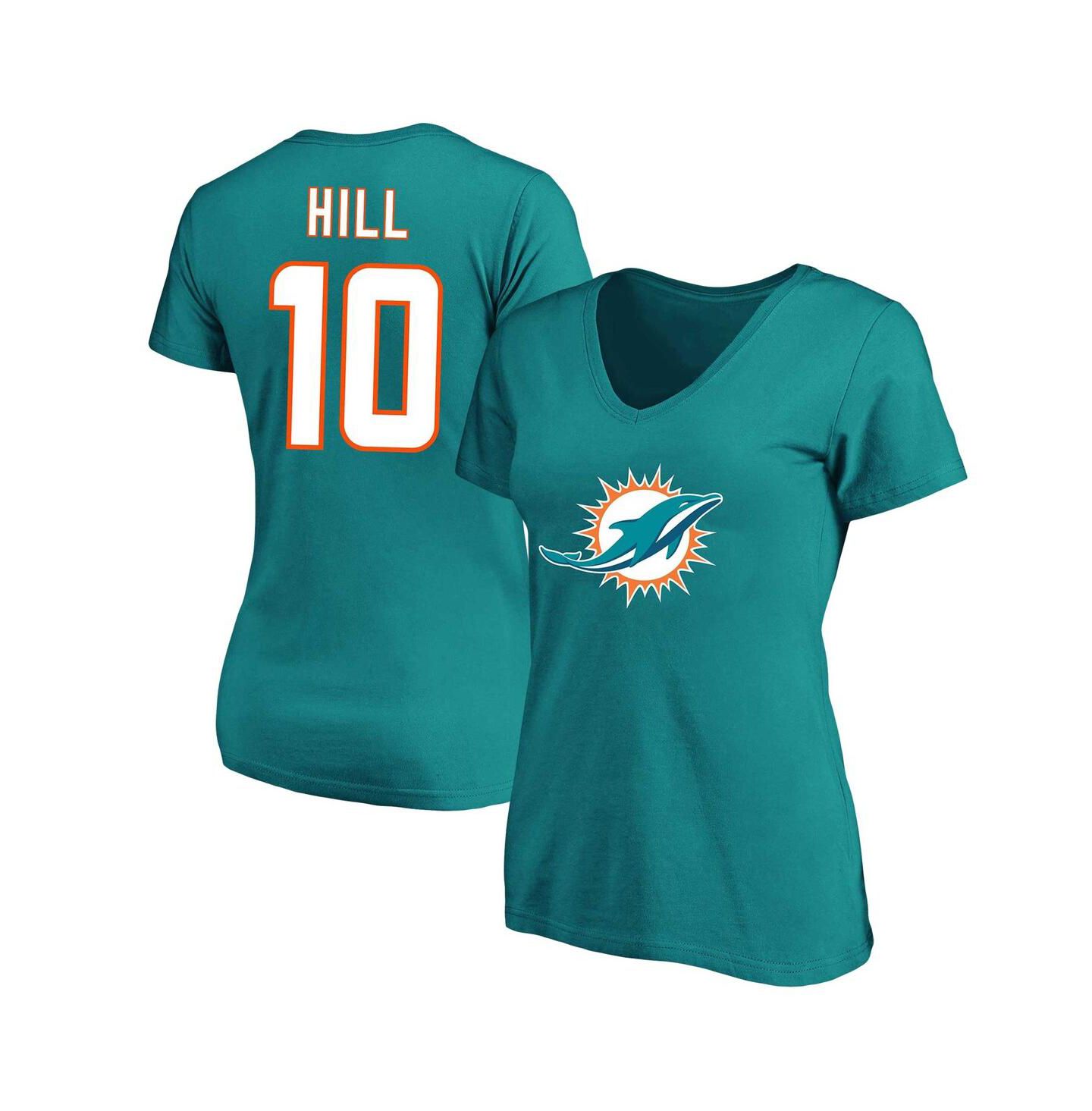 Женская футболка Fanatics Tyreek Hill Aqua Miami Dolphins Plus Size Fair Catch Name and Number V-Neck — фото 1