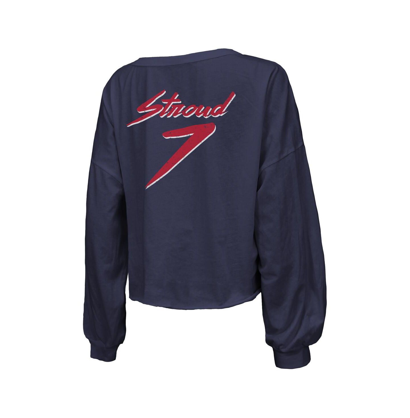 Женская футболка Majestic Threads C.J. Stroud Navy Distressed Houston Texans Name and Number Script Off-Shoulder Cropped Long Sleeve — фото 3