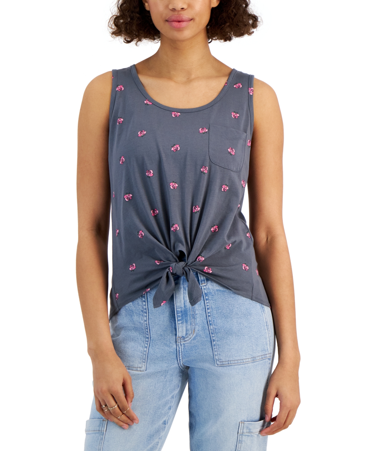 Shop Rebellious One Juniors' Roses Tie-front Tank Top In Turbulence