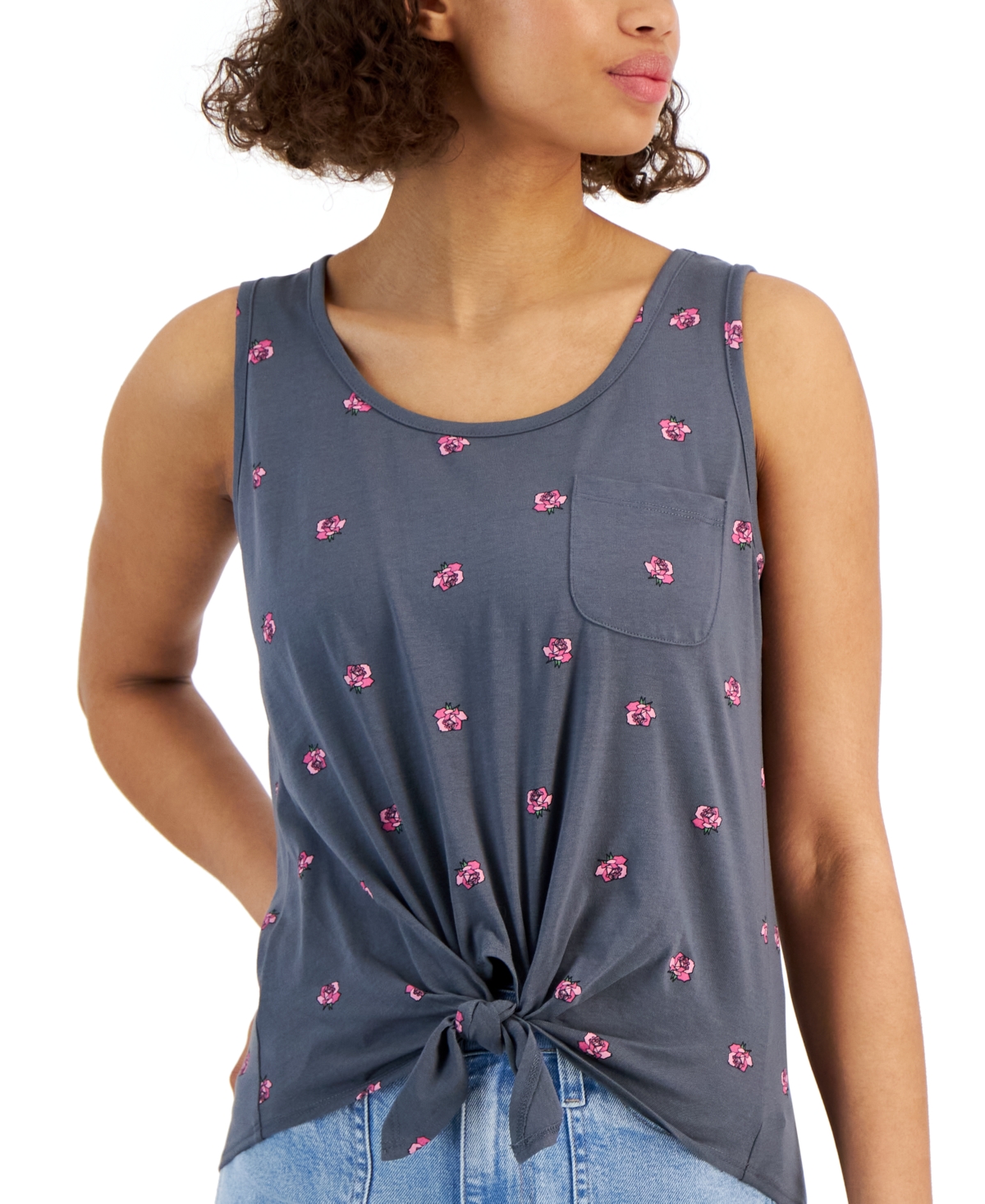 Shop Rebellious One Juniors' Roses Tie-front Tank Top In Turbulence