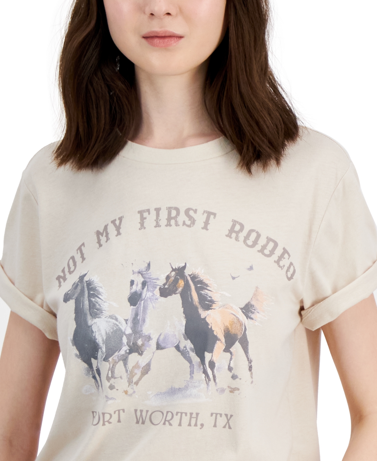 Shop Grayson Threads, The Label Juniors' Rodeo Rolled-cuff Crewneck Tee In Beige