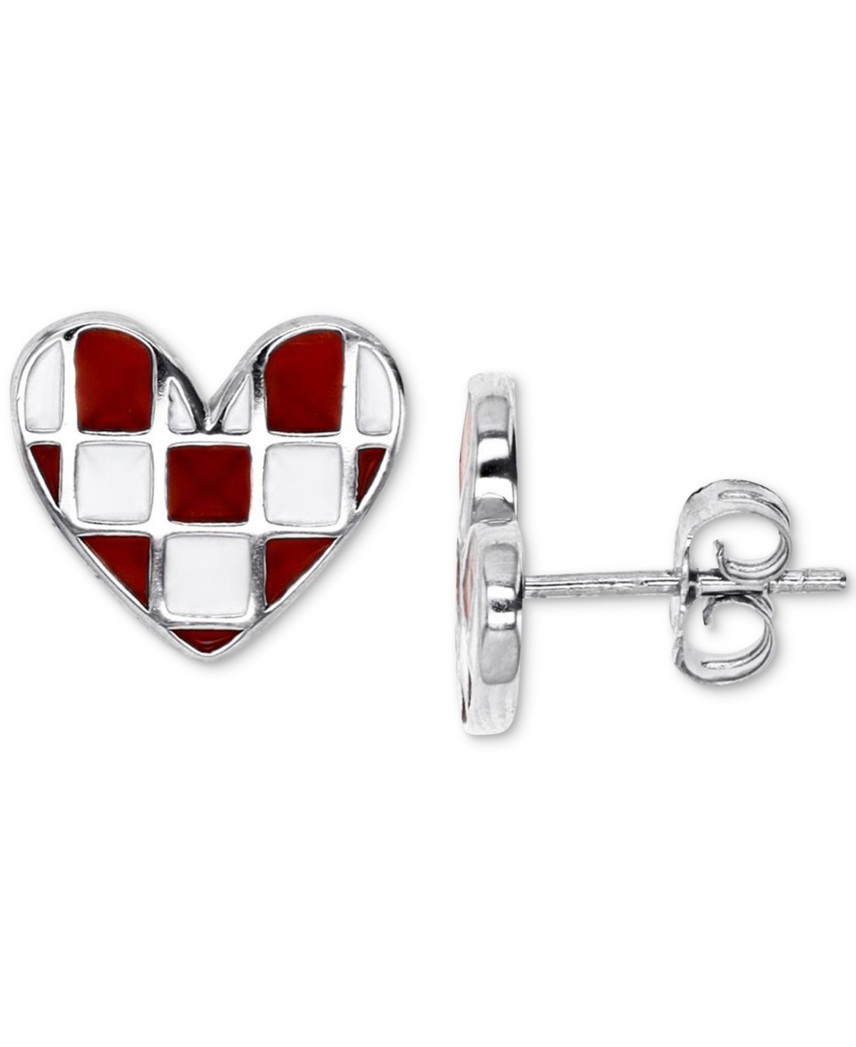 Macy's Pink & White Enamel Checkerboard Heart Stud Earrings In Red,silver
