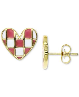 Pink White Enamel Checkerboard Heart Stud Earrings