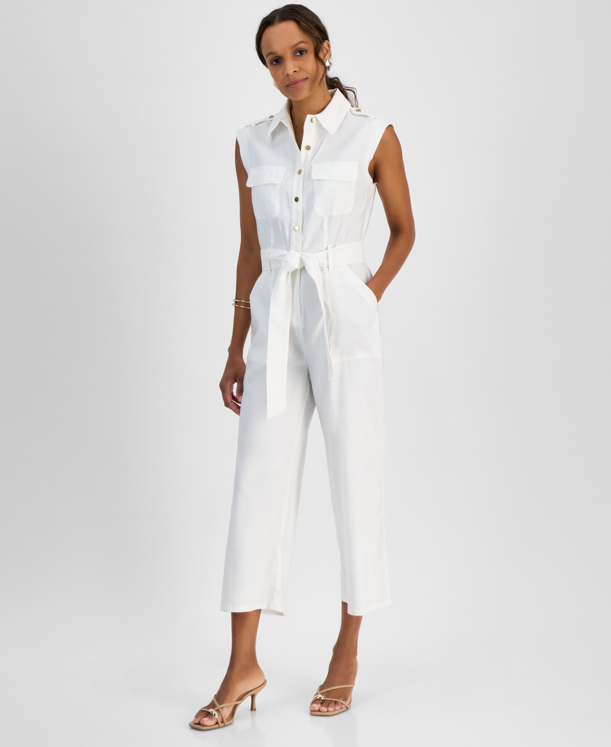 Petite Linen-Blend Sleeveless Button-Front Jumpsuit, Created for Macy's - Bright White