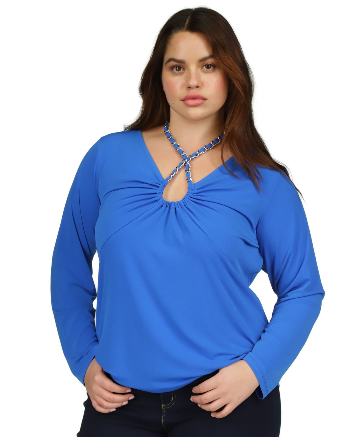 Michael Kors Michael  Plus Size Chain-neck Long-sleeve Top In Grecian Blue