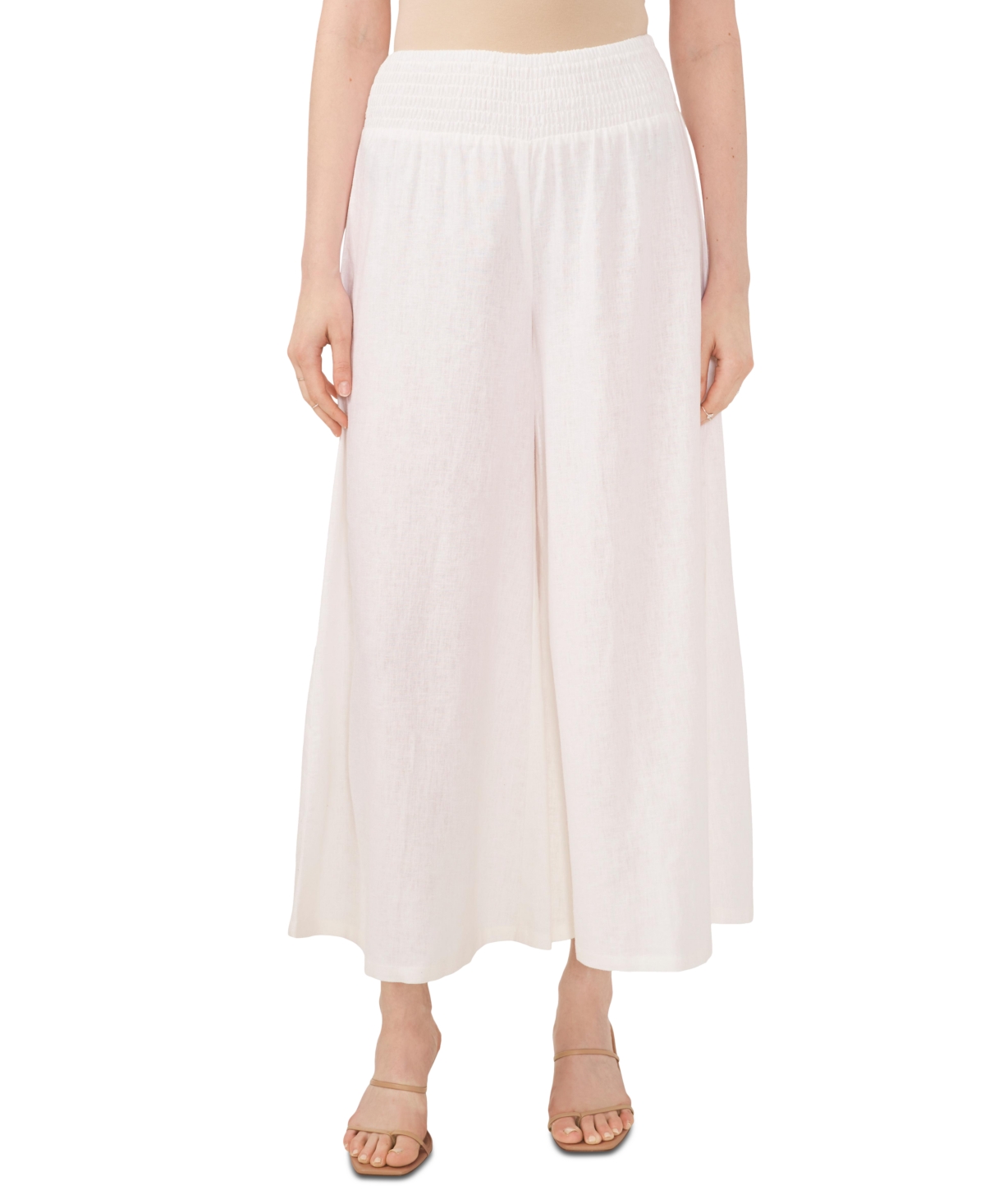 Shop Vince Camuto Women's Linen Blend Smocked Waist Cropped Wide Leg Pants In Ultra White