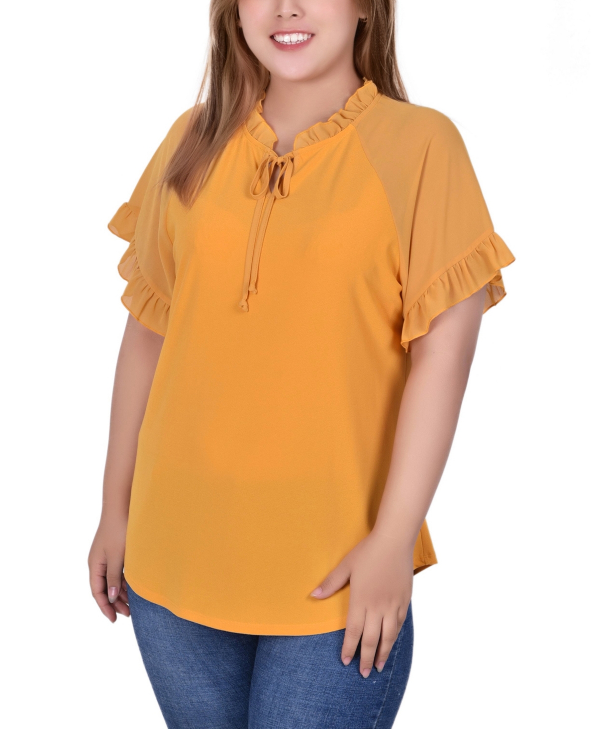 Ny Collection Plus Size Short Ruffled Sleeve Crepe Knit Top With Chiffon Sleeves In Kumquat