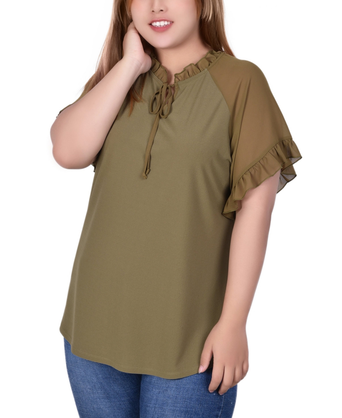 Ny Collection Plus Size Short Ruffled Sleeve Crepe Knit Top With Chiffon Sleeves In Martini Olive