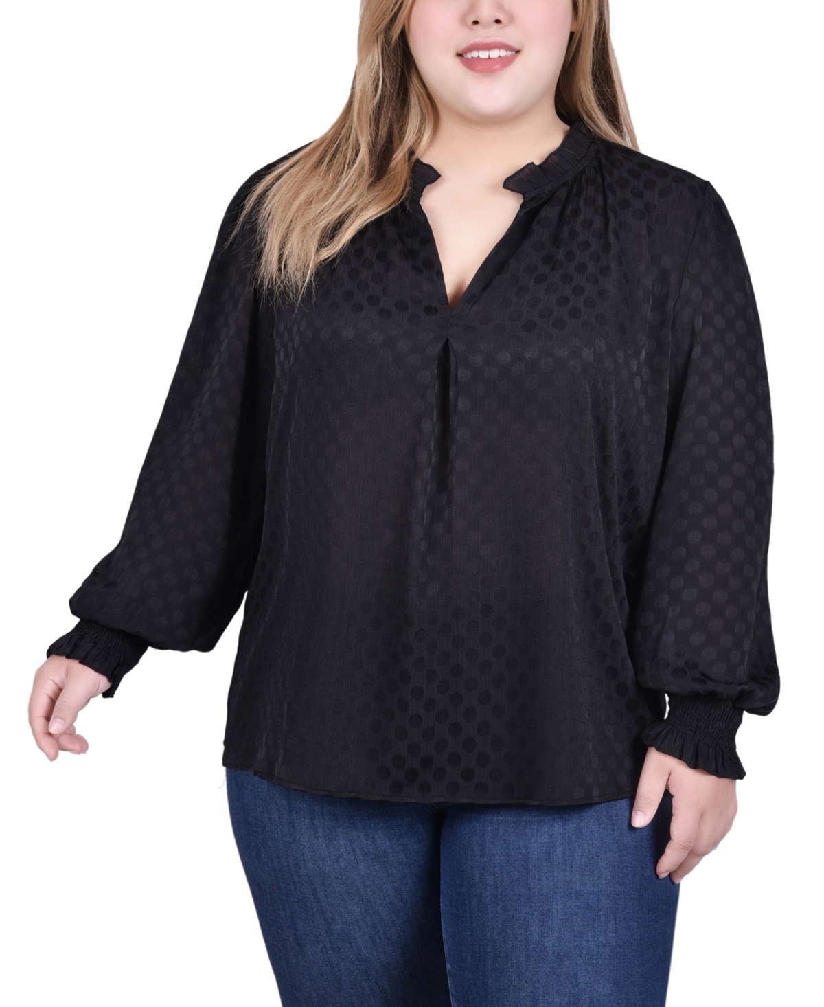Ny Collection Plus Size Long Sleeve Smocked Cuff Blouse In Black