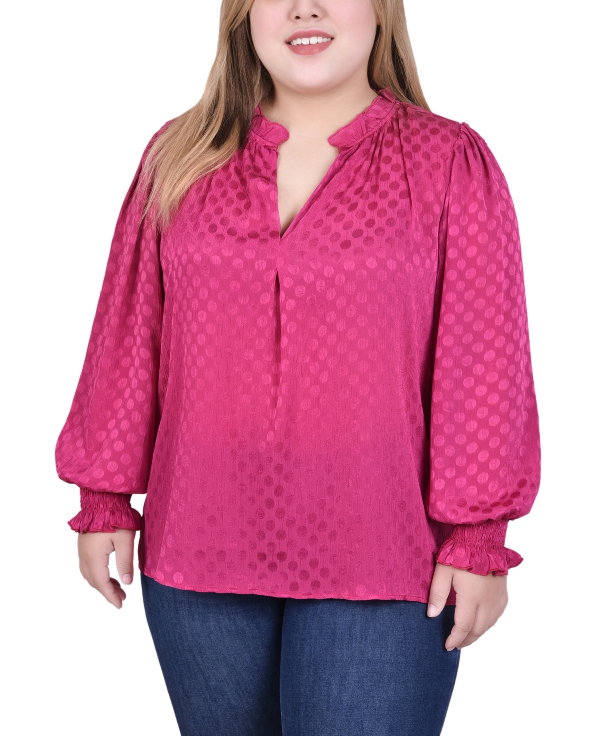 Ny Collection Plus Size Long Sleeve Smocked Cuff Blouse In Sangria