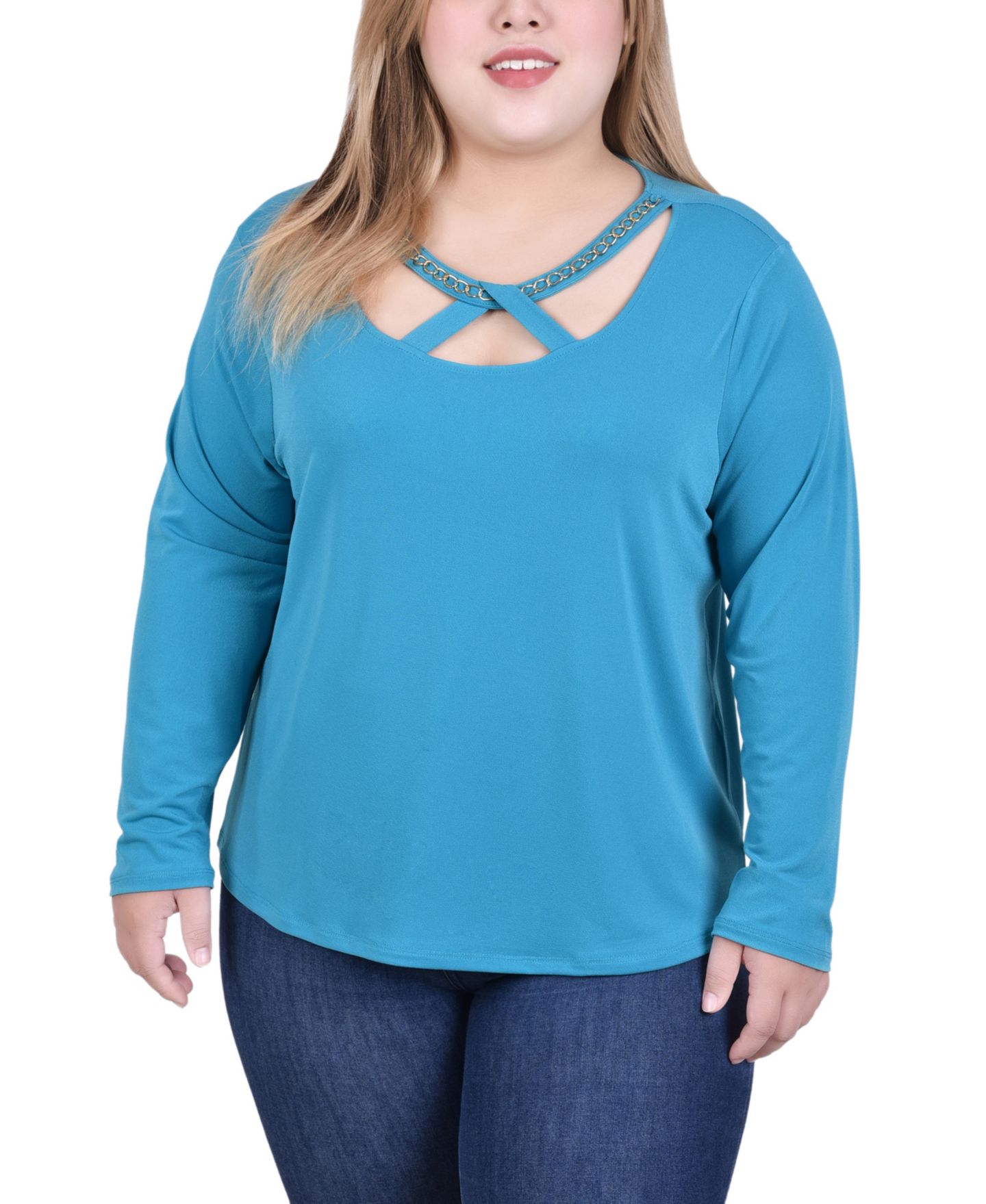 Женский топ NY Collection Plus Size Long Sleeve Jeweled Neck, цвет: Синий — фото 1