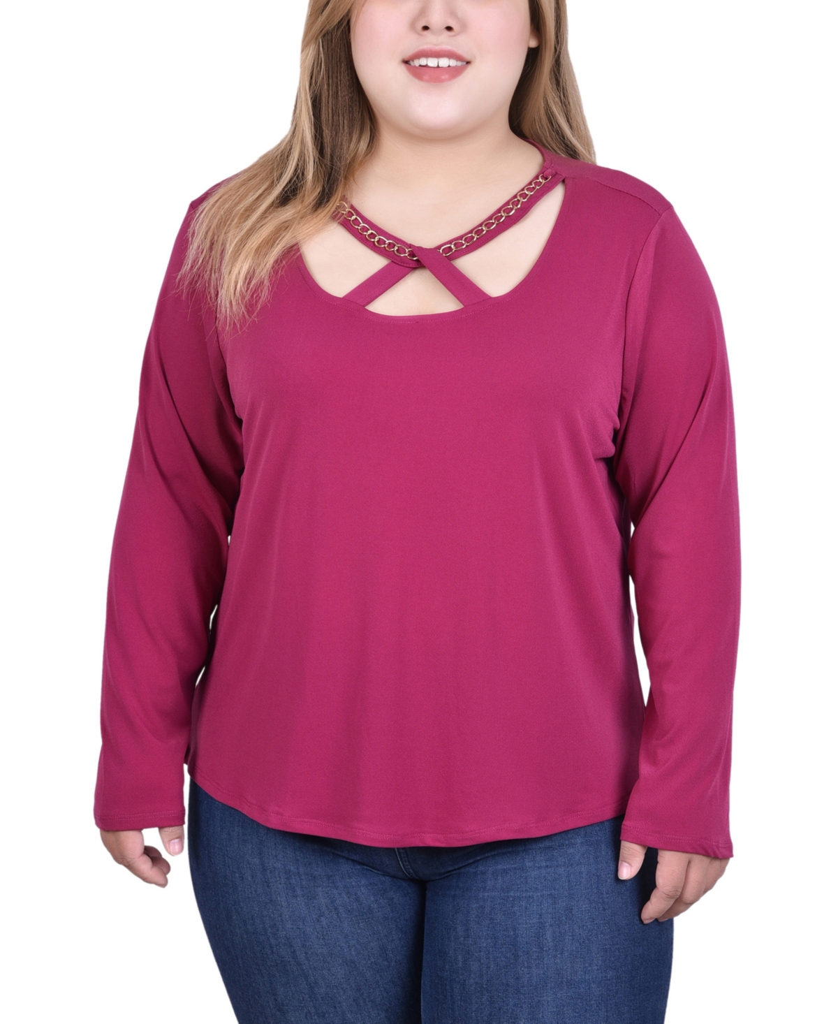 Plus Size Long Sleeve Jeweled Neck Top - Sangria