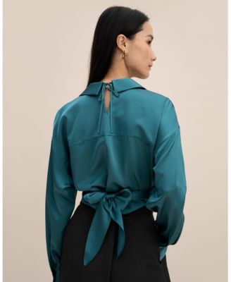 Women's Pure Silk Blouse Wrapover Cropped Shirt