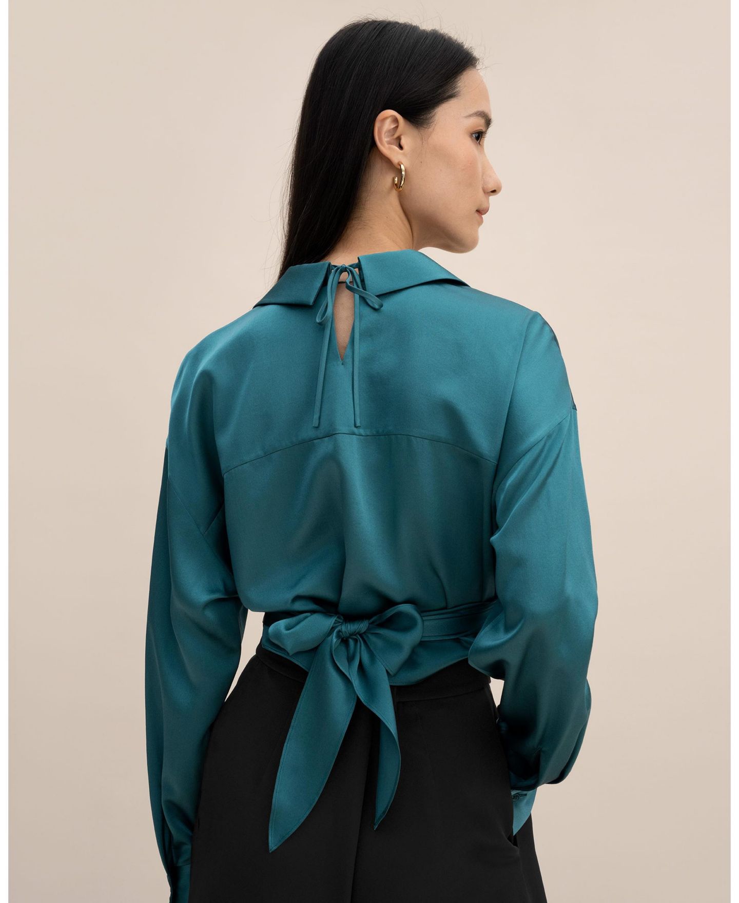 Женская блузка LILYSILK Pure Silk Blouse Wrapover Cropped Shirt, цвет: Синий — фото 2