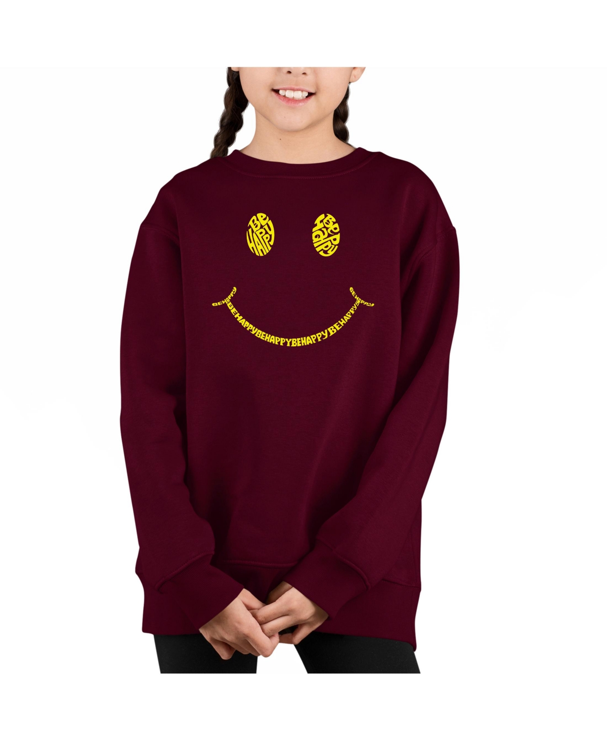 Be Happy Smiley Face - Big Girl's Word Art Crewneck Sweatshirt