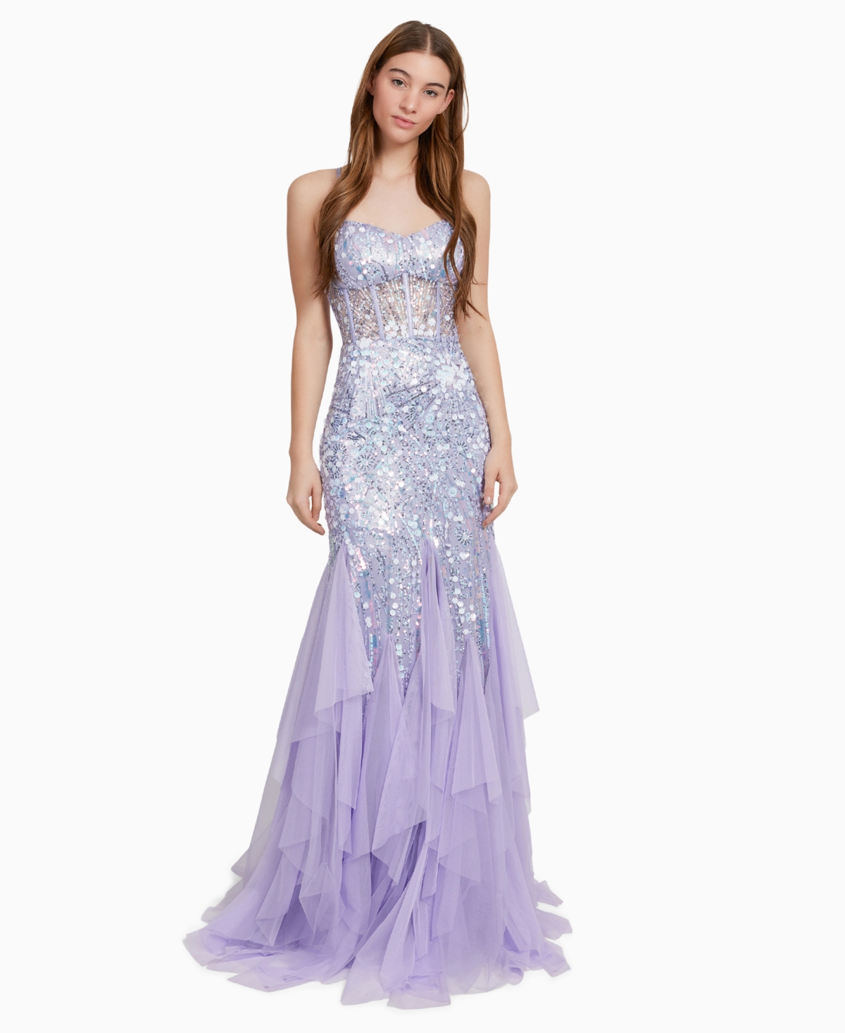 Shop Dear Moon Juniors' Sequin Embellished Ruffle Trim Sleeveless Gown In Lilac