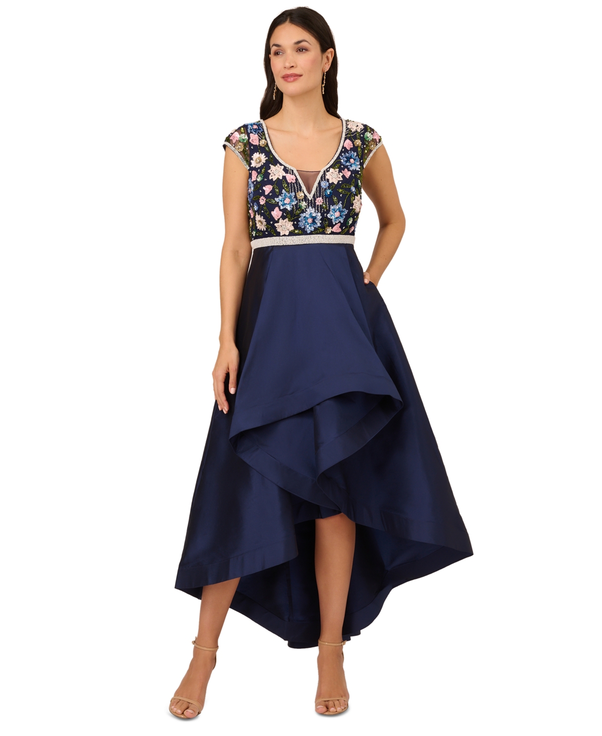 Shop Adrianna Papell Women's Beaded High-low Taffeta Gown In Light Navy