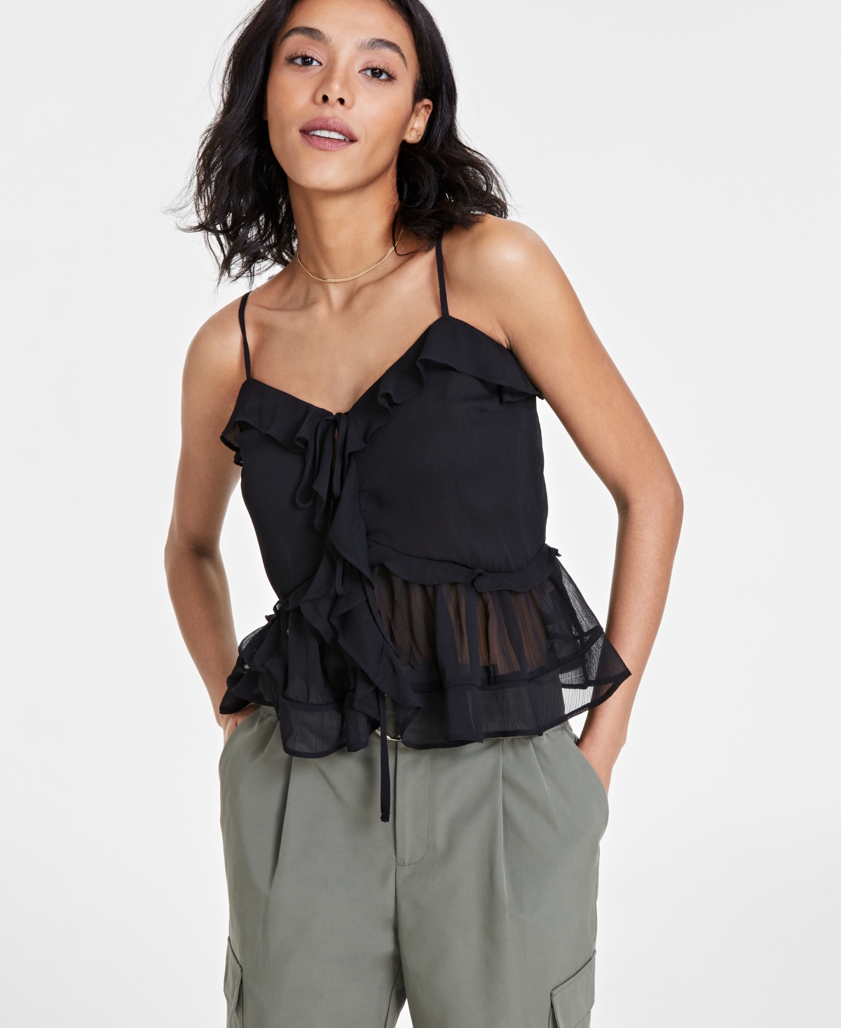 Bar Iii Women's Ruffled V-neck Tie-front Tank Top, Created For Macy's In Deep Black