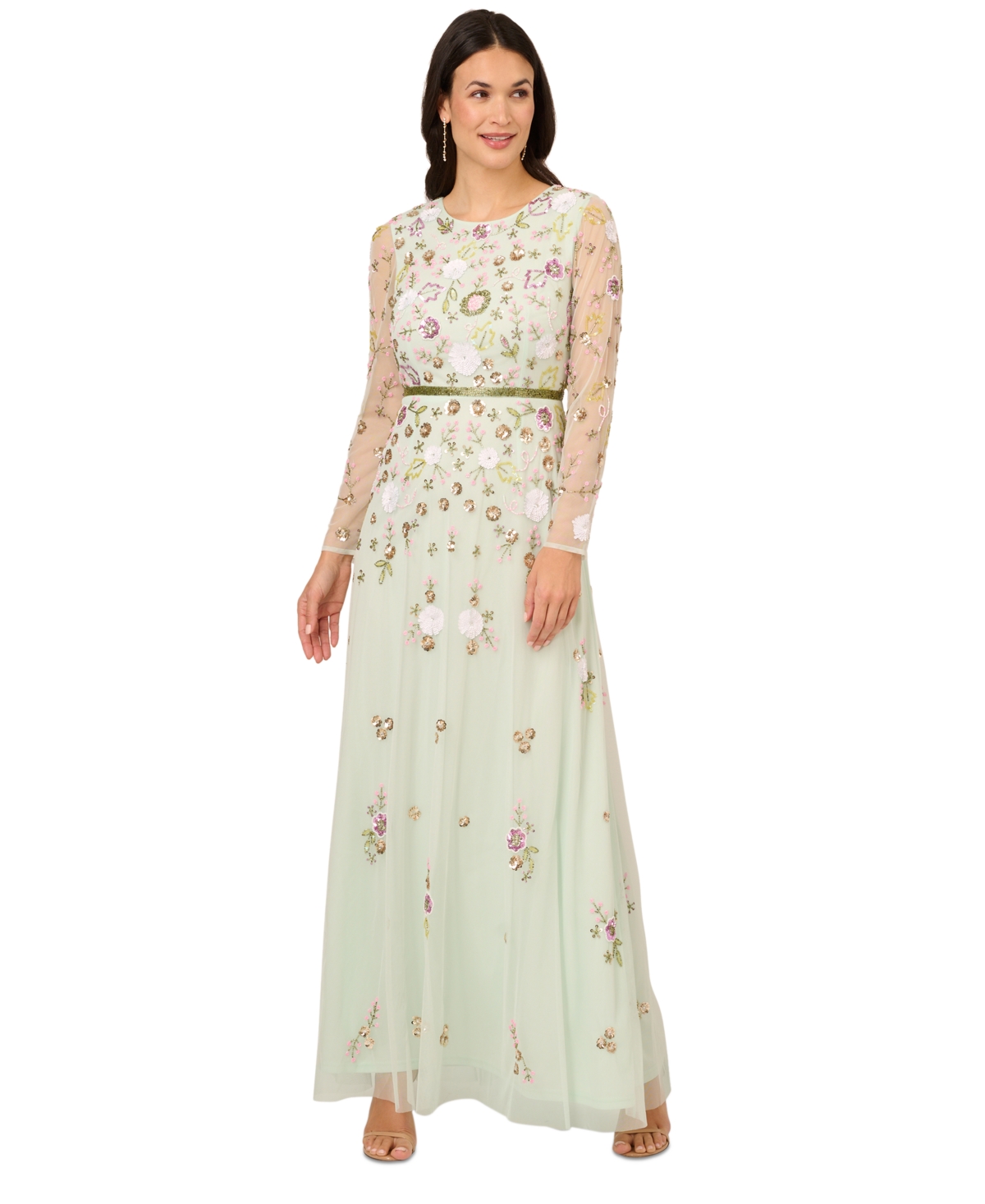 Shop Adrianna Papell Women's Sheer-sleeve Floral Beaded Gown In Mint Glass