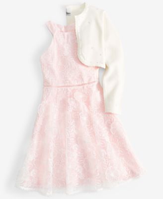 Rare Editions Toddler Little Big Girls Floral Organza Social Dress Big Girls Imitation Pearl Embellished Cardigan In White