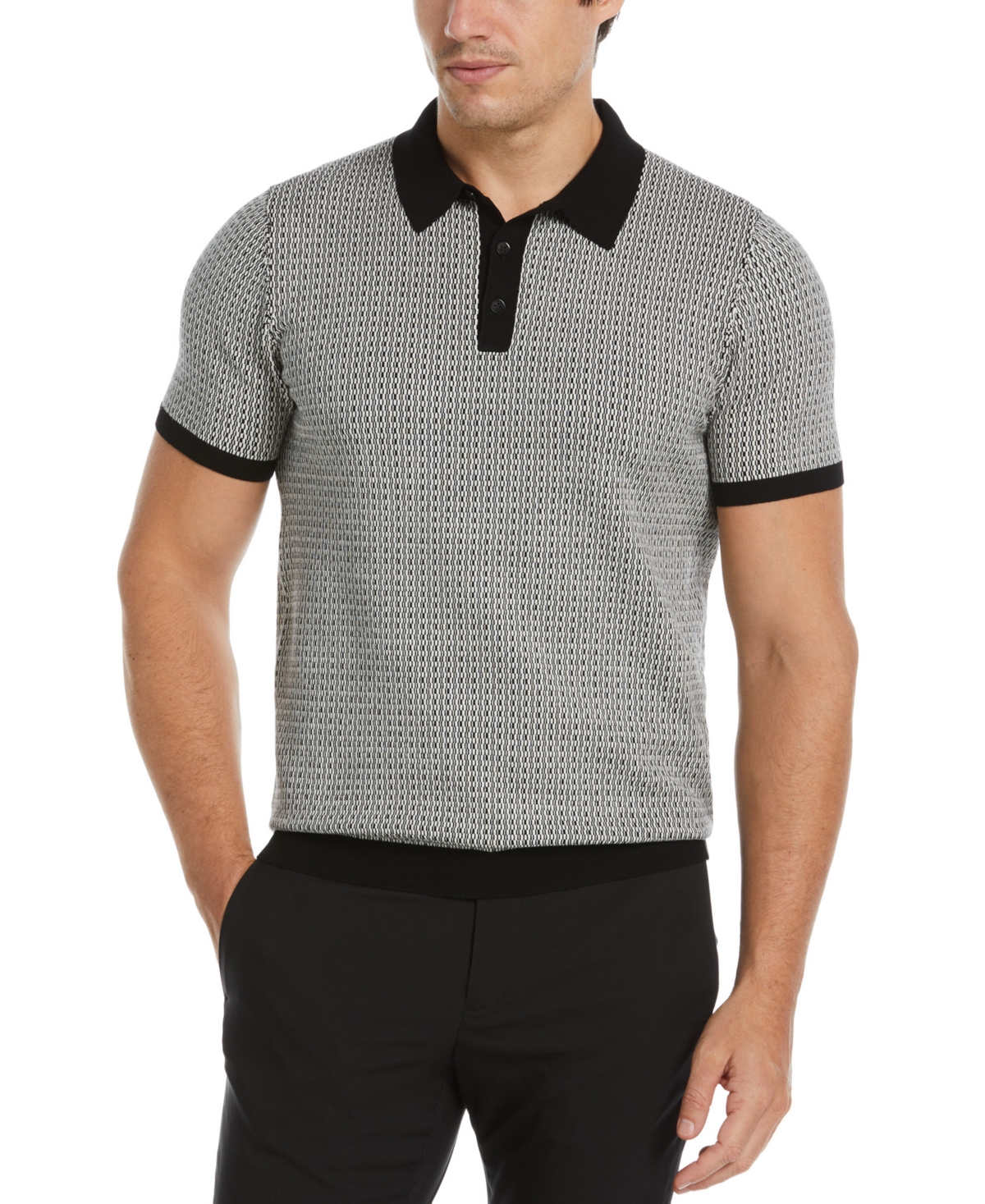 Men's Tech Jacquard Geo Pattern Short Sleeve Polo Sweater - Black