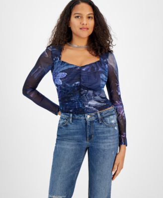 GUESS - Women's Reyla Smocked Mesh Floral-Print Top