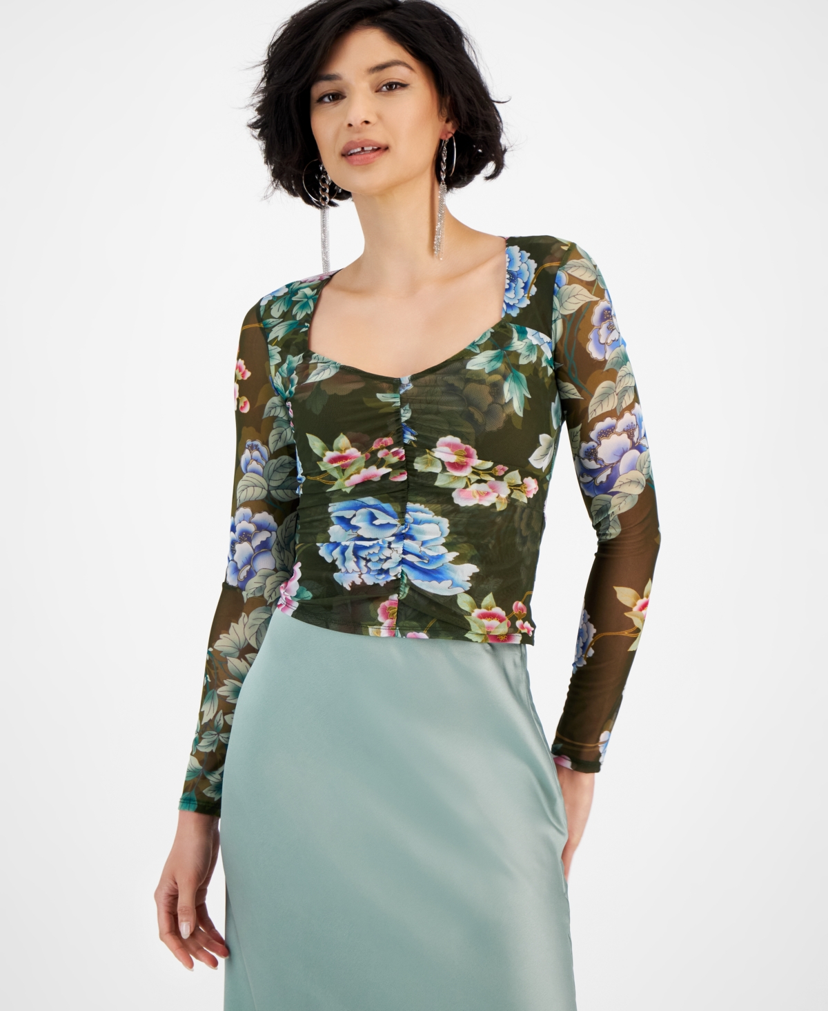 Shop Guess Women's Reyla Smocked Mesh Floral-print Top In Hanoi Green Floral Print