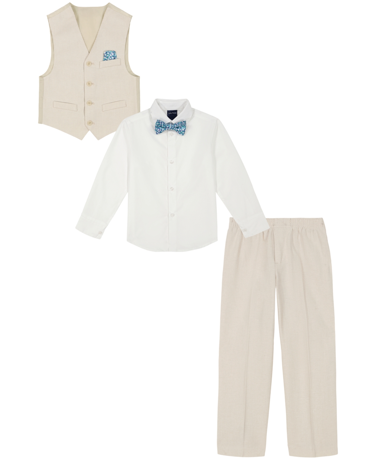Nautica Little Boys Machine Washable Natural-Linen-Look Vest, Shirt, Pants, Bowtie and Pocket Square, 5 Piece Set