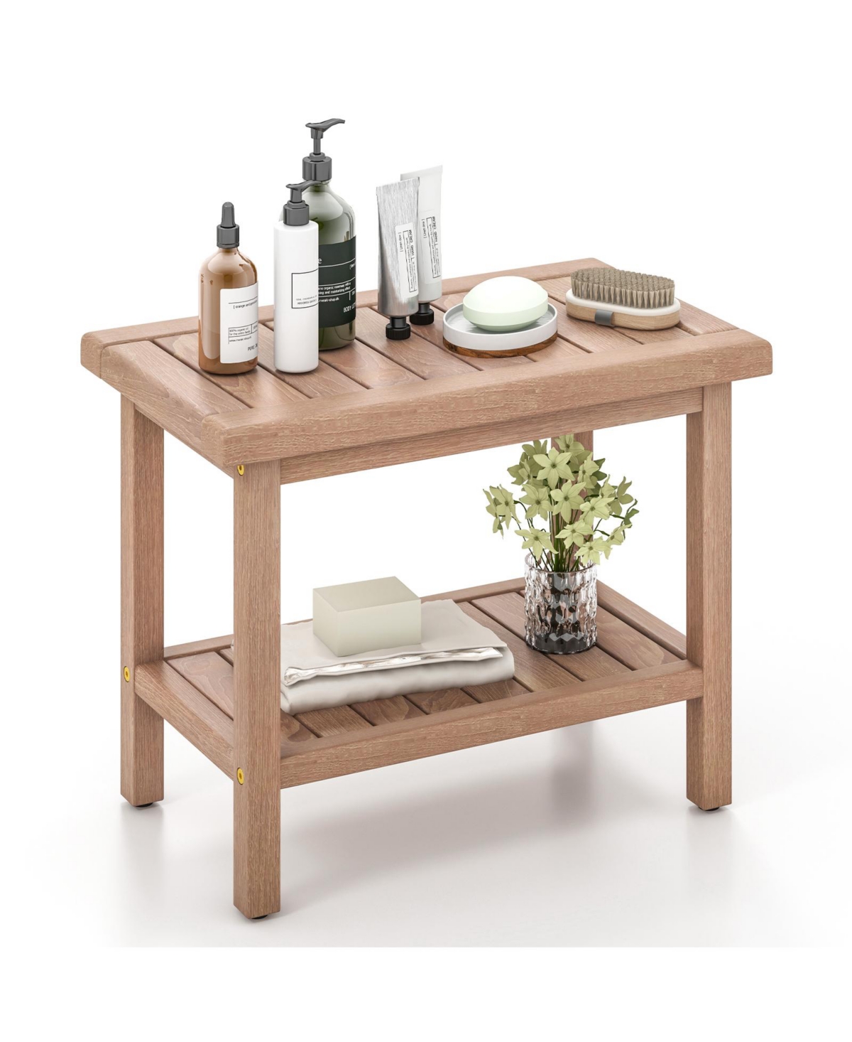 21'' Teak Wood Shower Bench 2-Tier Waterproof Bath Spa Stool - Natural
