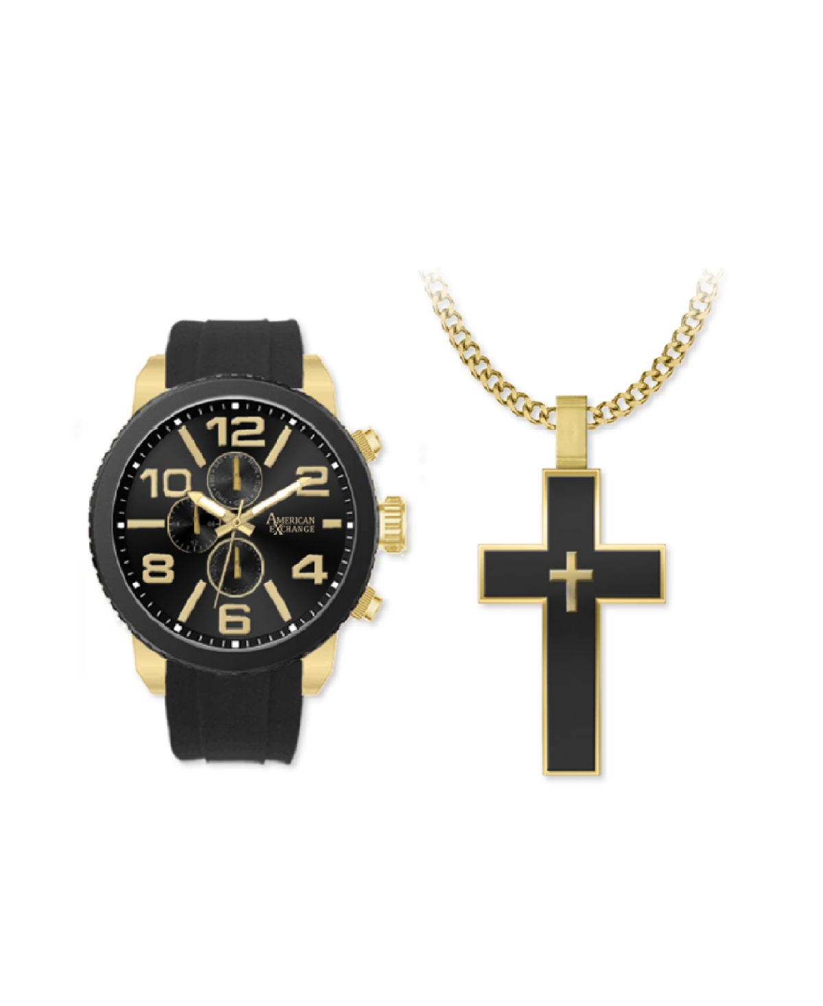 Men's Matte Black Silicone Strap Analog Watch 51mm with Cross Pendant Necklace Gift Set - Matte Black, Black Sunray
