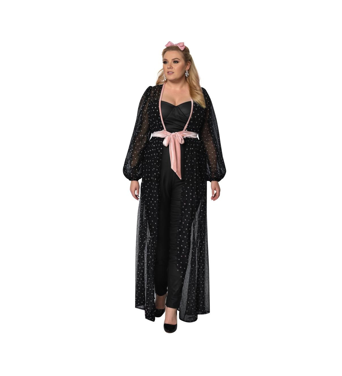 Plus Size Billow Long Sleeved Hollywood Duster - Black/pink hearts
