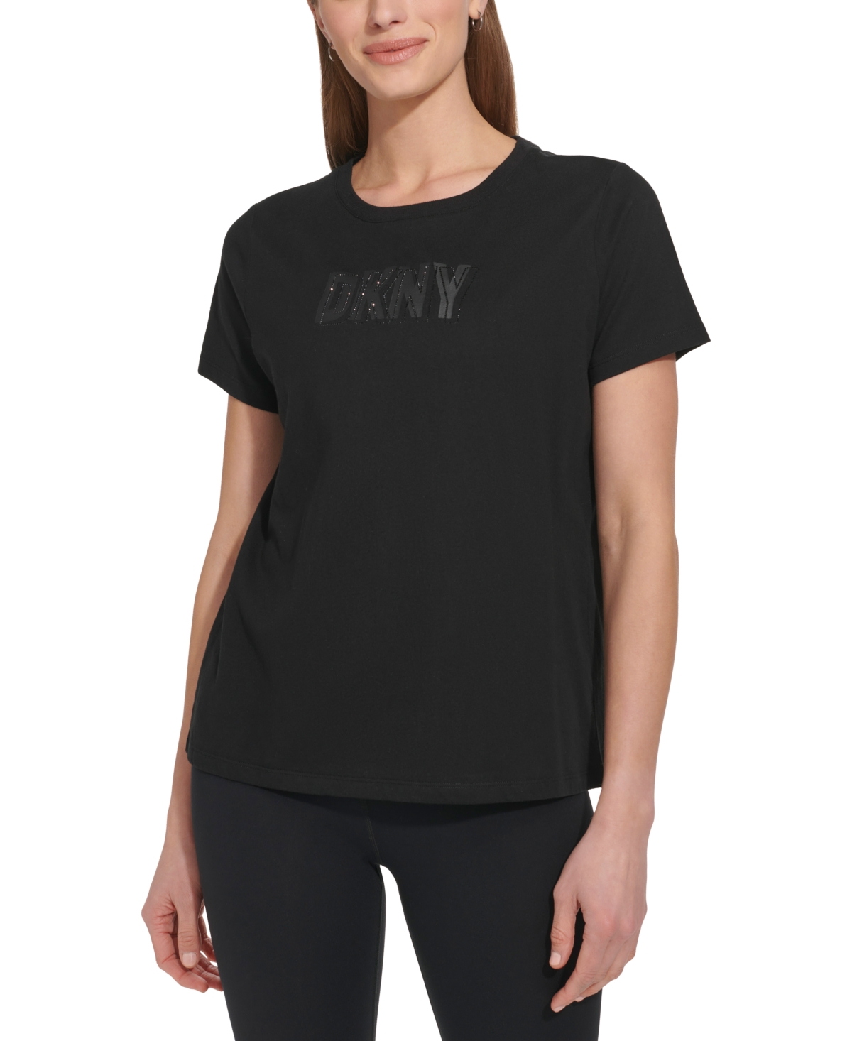 Shop Dkny Sport Women's Cotton Embellished-logo T-shirt In Black