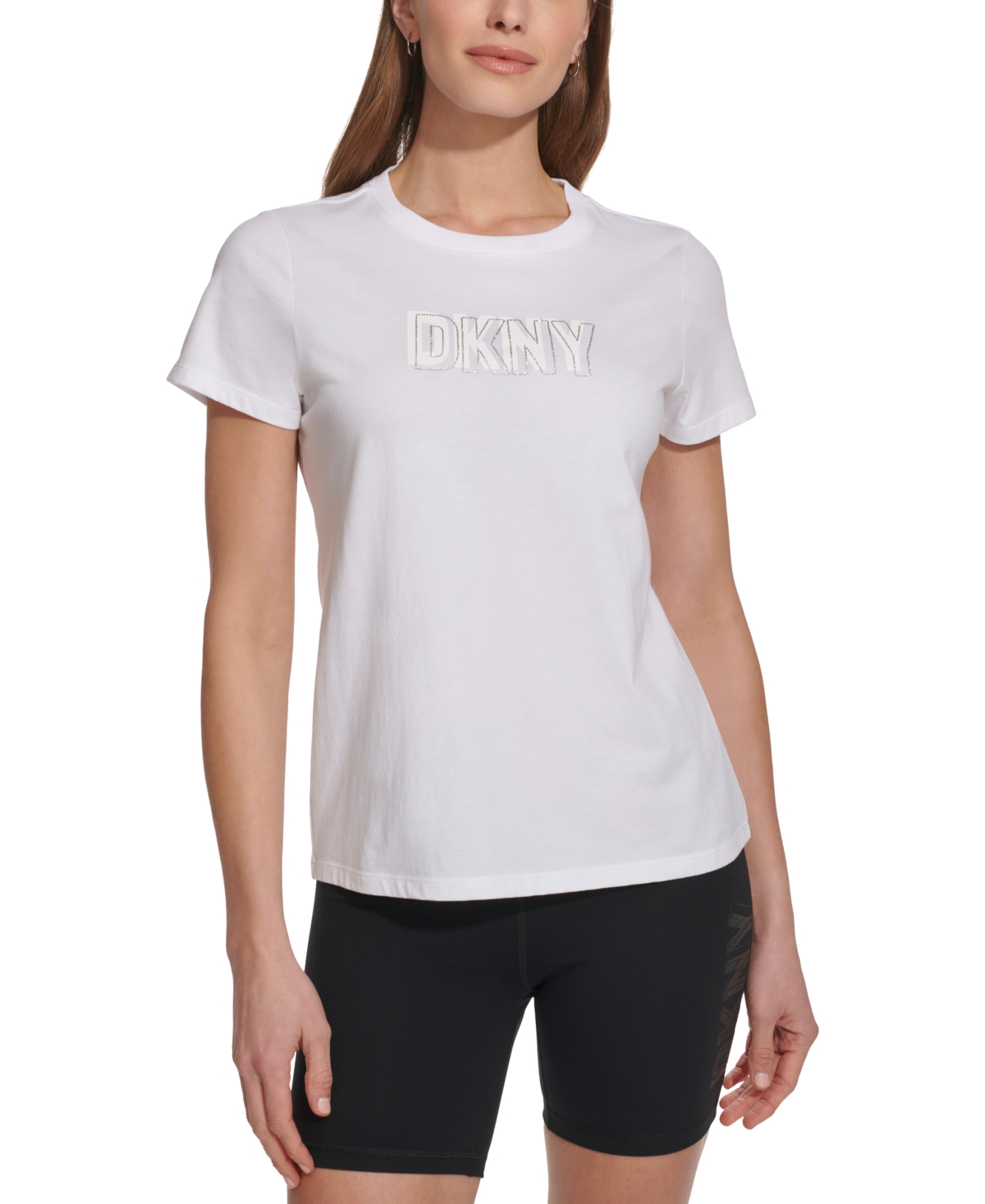 Shop Dkny Sport Women's Cotton Embellished-logo T-shirt In White