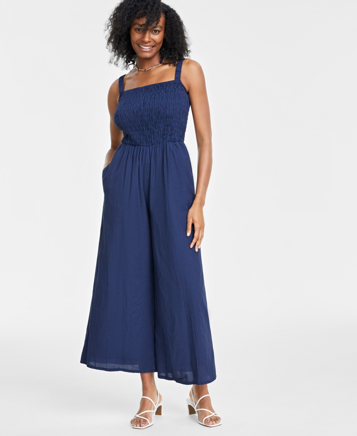 Shop On 34th Women's Smocked Square-neck Jumpsuit, Created For Macy's In Intrepid Blue