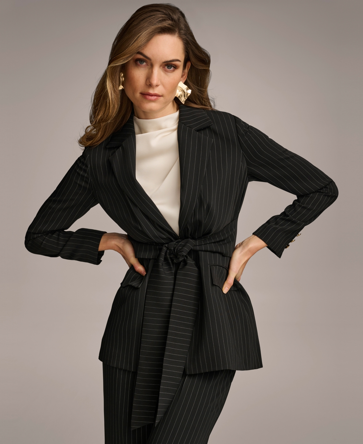 Shop Donna Karan Women's Pinstripe Tie-front Blazer In Black,cream