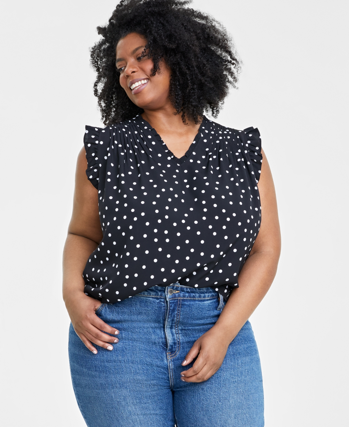 On 34th Trendy Plus Size Polka-dot Ruffled-trim Blouse, Created For Macy's In Deep Black Combo