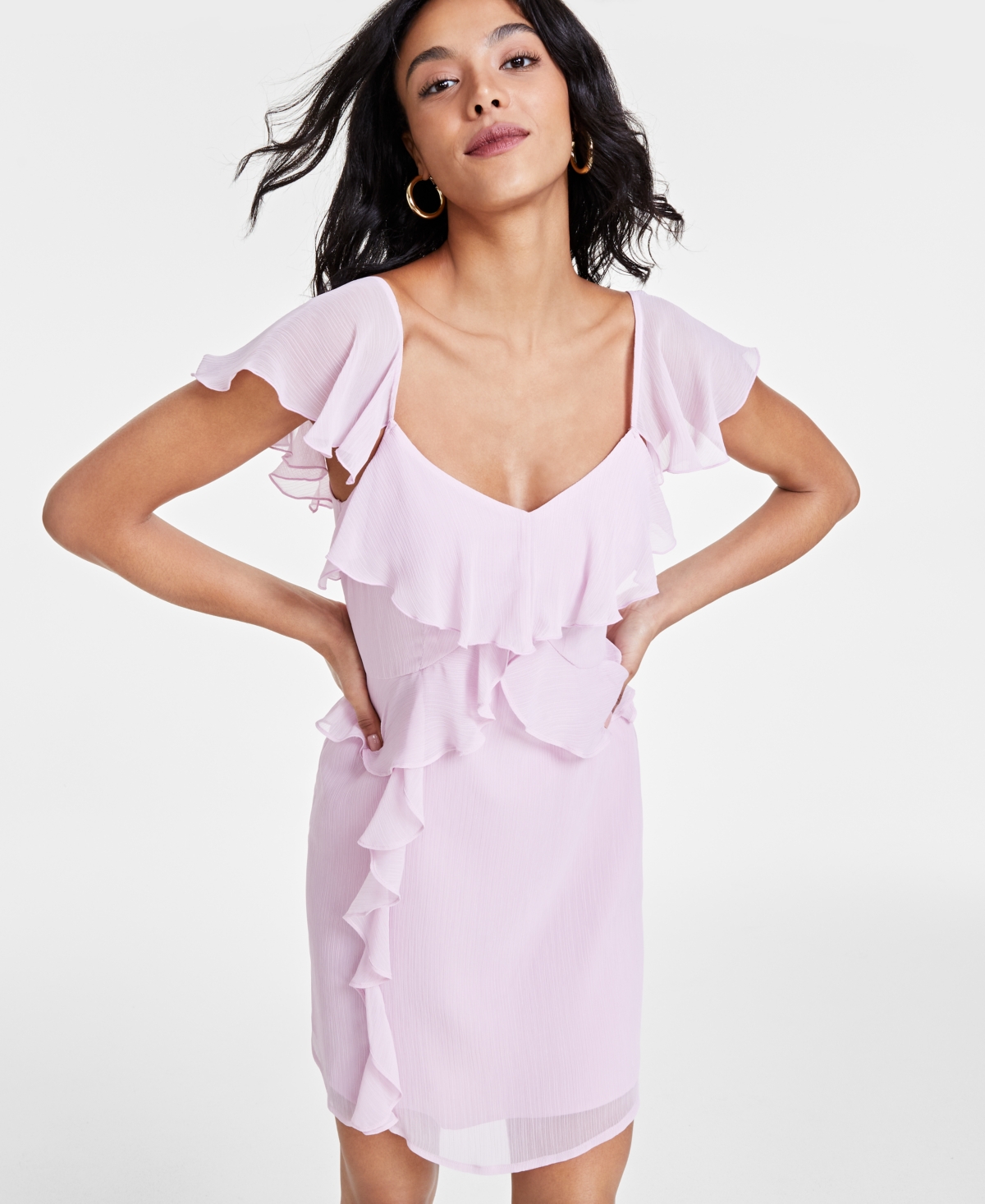 Shop Bar Iii Women's Flutter-sleeve Ruffled Mini Dress, Created For Macy's In Pink Fluorite