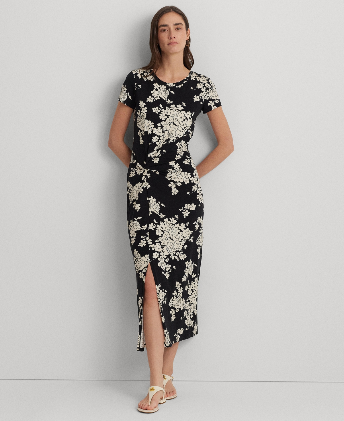 Shop Lauren Ralph Lauren Women's Floral Jersey Twist-front Midi Dress In Black,cream