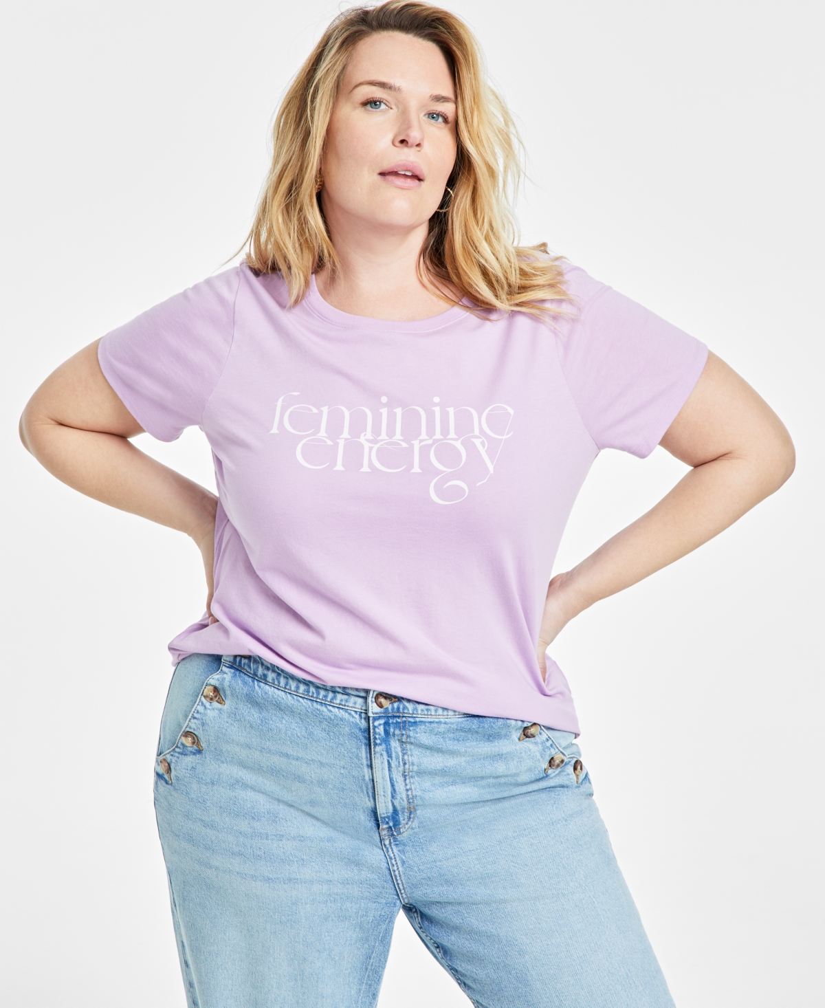 Trendy Plus Size Feminine Energy Graphic-Print Tee, Created for Macy's - Calla Lilac Cmb