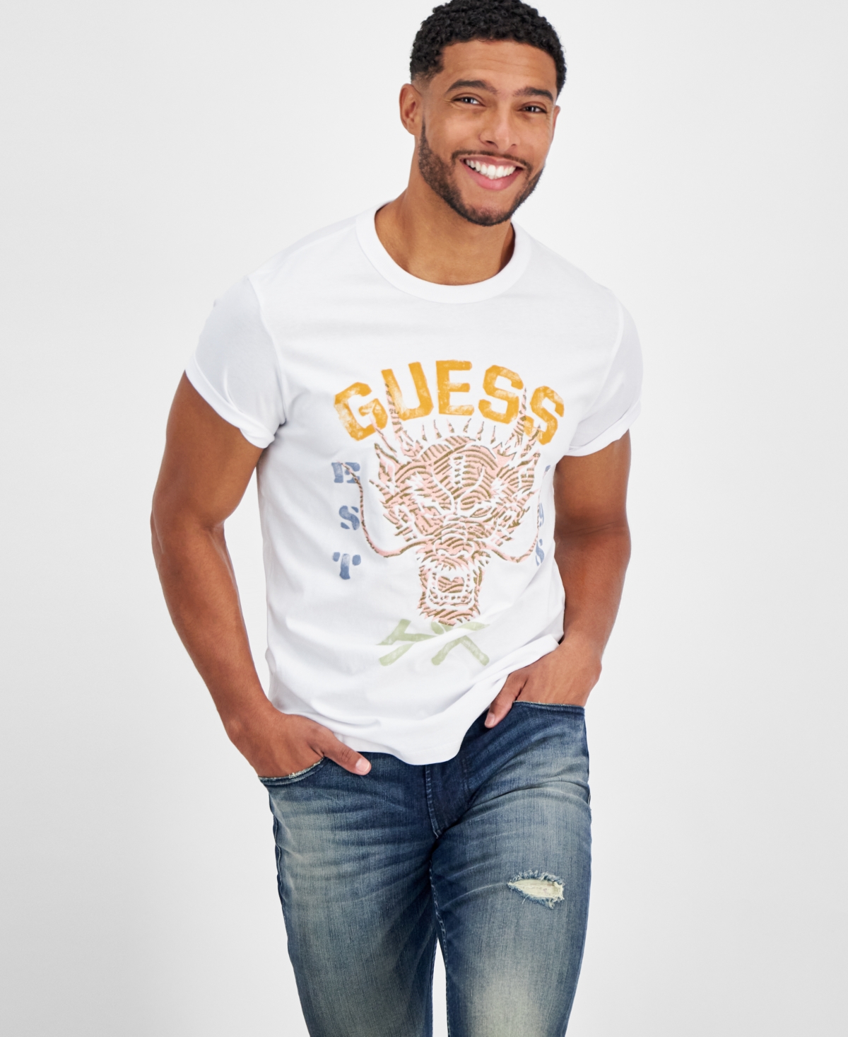 Guess Men's Embroidered Dragon Logo Graphic T-shirt In Pure White