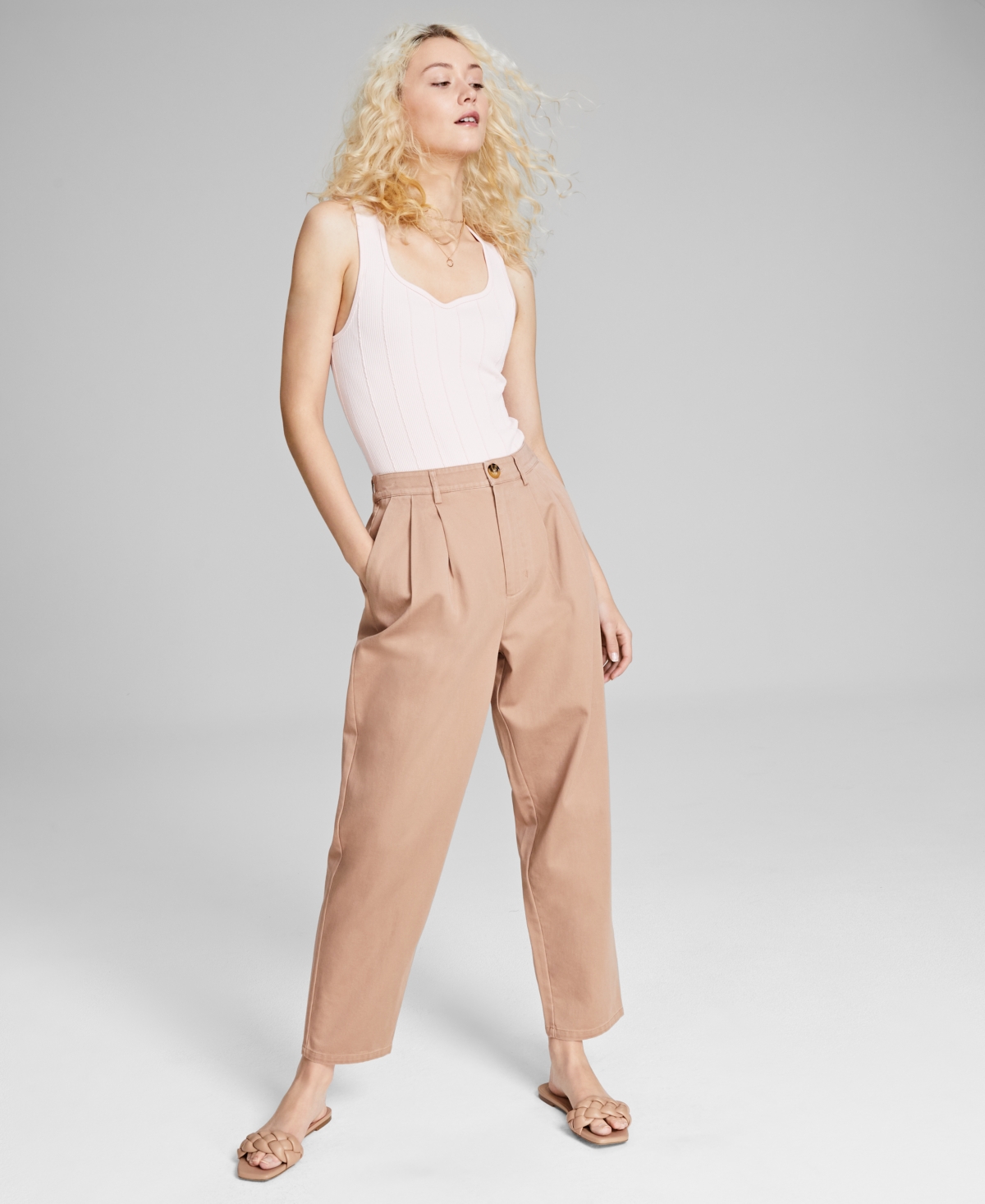 And Now This Women's Cotton High-rise Barrel Leg Twill Pants, Created For Macy's In Almond